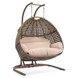 45 in. W 2-Person Brown Frame Rattan Luxurious Patio Swing Chair with Stand and Beige Cushion