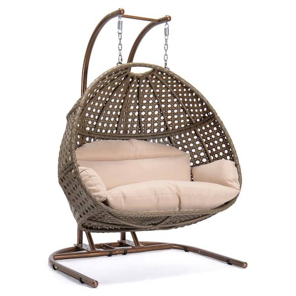 Huluwat 45 in. W 2-Person Brown Frame Rattan Luxurious Patio Swing Chair with Stand and Beige Cushion