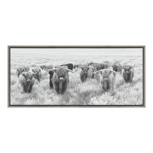 Herd of Highland Cows Black and White by The Creative Bunch Studio Framed Animal Canvas Wall Art Print 40 in. x 18 in.