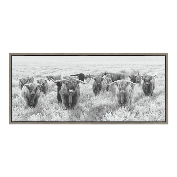 Kate and Laurel Herd of Highland Cows Black and White by The Creative Bunch Studio Framed Animal Canvas Wall Art Print 40 in. x 18 in.