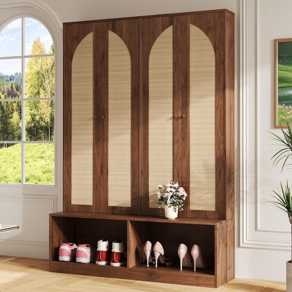 Walnut Mid-Century Versatile 4-in-1 Widen Hall Tree with 4 Rattan Doors, 6 Hooks, Adjustable Shelf