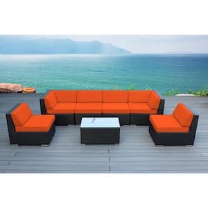Black 7-Piece Wicker Patio Seating Set with Sunbrella Tuscan Cushions