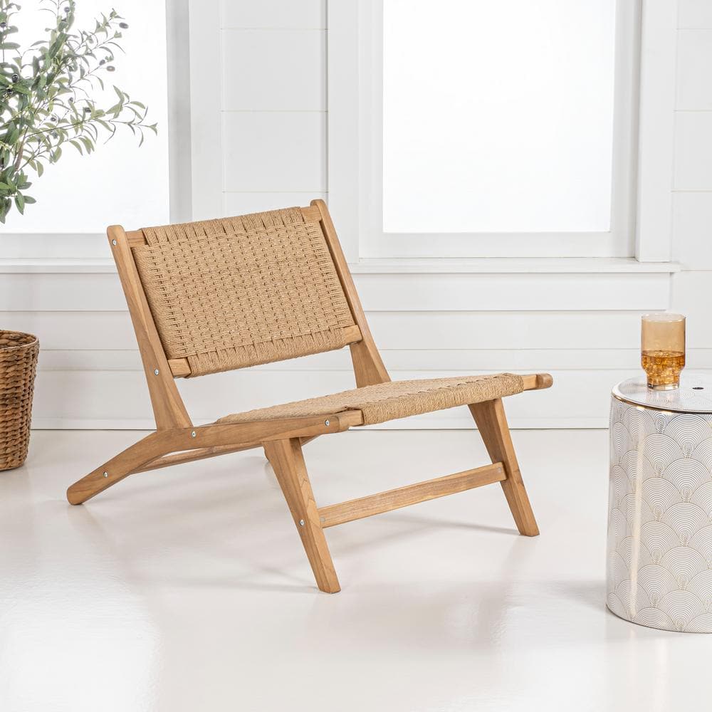 Parker Mid-Century Brown Teak Wood Woven Armless Lounge Chair