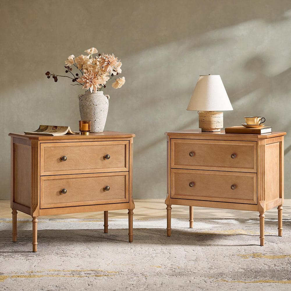 Cleo Teak 2-Drawer 28 in. W Nightstand with Charging Station (Set of 2)