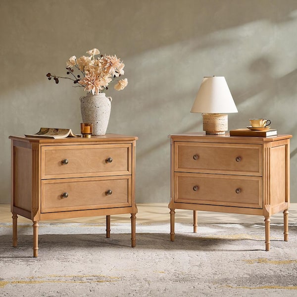 Cleo Teak 2-Drawer 28 in. W Nightstand with Charging Station Set of 2