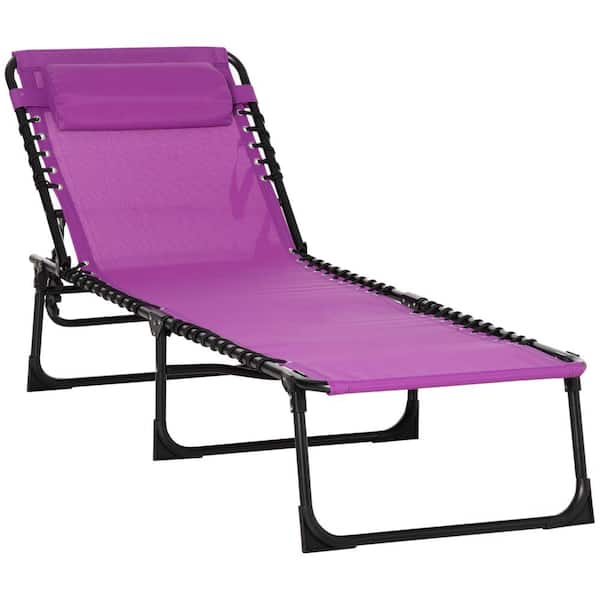 Unbranded Black Metal Outdoor Chaise Lounge with Pillow, Breathable Mesh, Seat and Purple Cushions, 4 Position Reclining Back