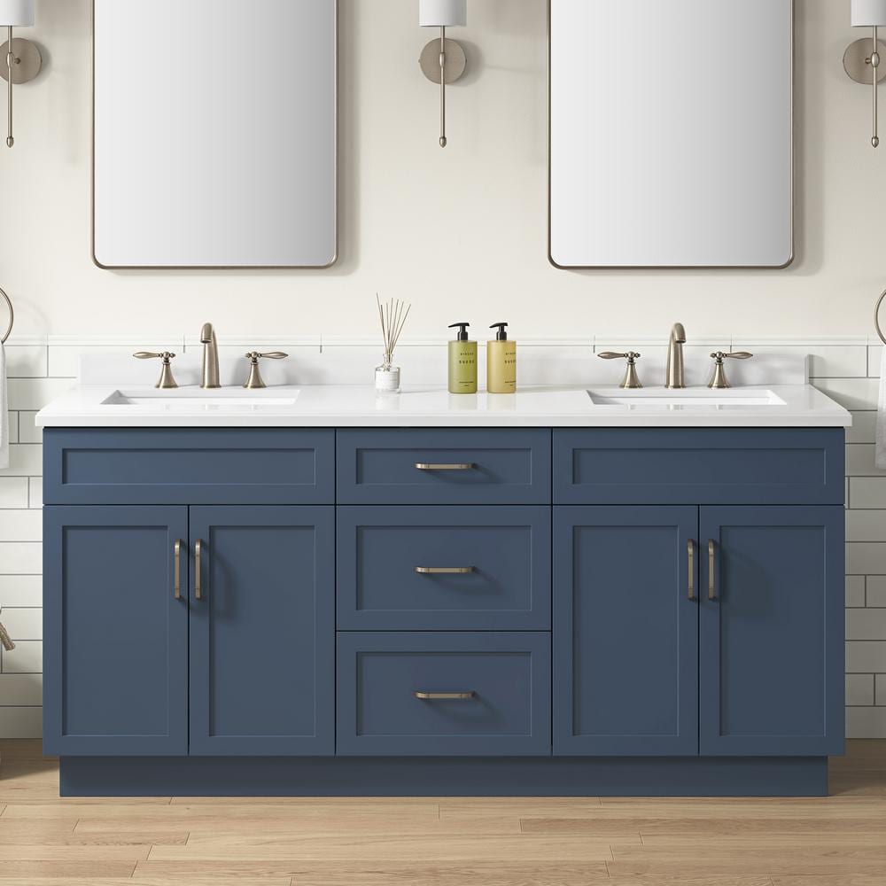 Lincoln 72 in. Double Sink Midnight Blue Bath Vanity with White Engineered 