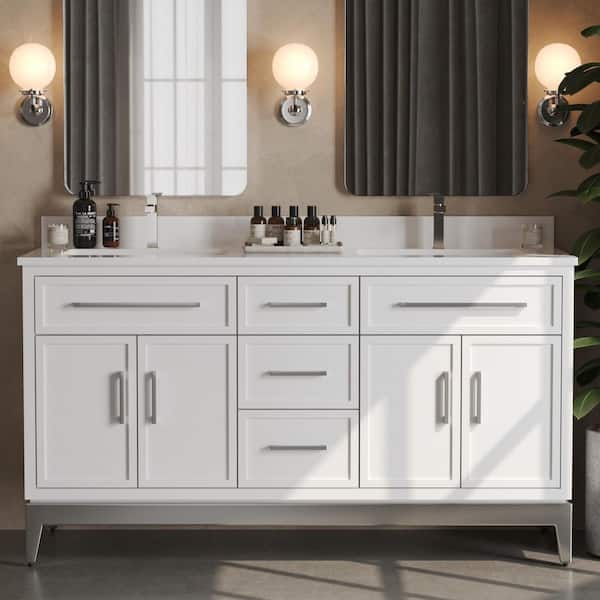 Barrington 63in. Double Freestanding White Bath Vanity with White Quartz Top
