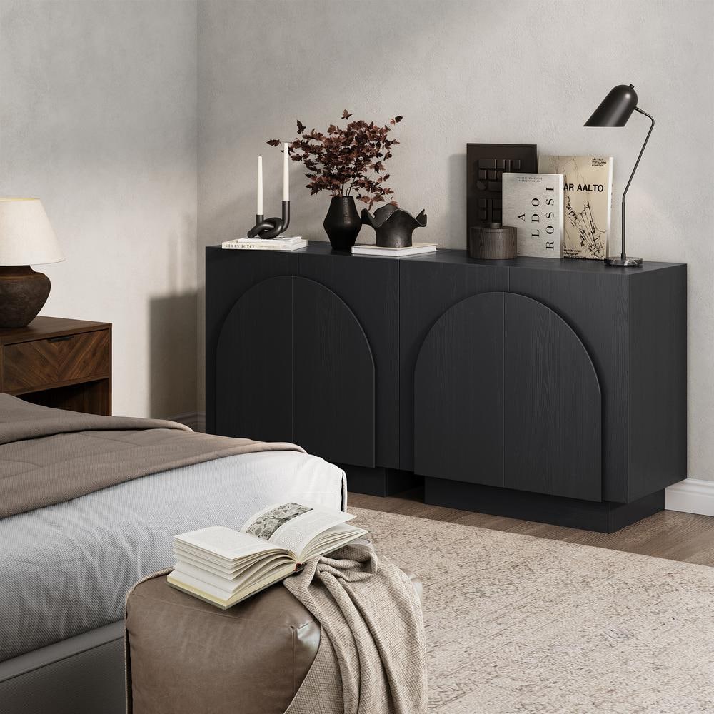 Iris Black Oak 31 in. Mid-Century Modern Wooden Credenza or Accent Cabinet with Adjustable Shelf and Arched Doors