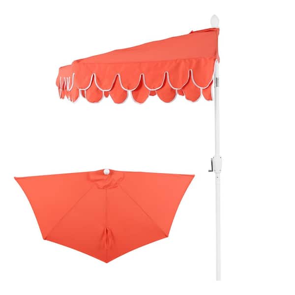 Terrace Arc 9 ft. Classic MidCentury Scalloped Fringe Market Half Patio Umbrella in Coral Red/White, White Pole