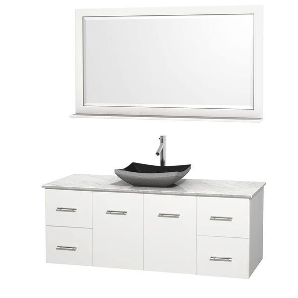 Wyndham Collection Centra 60 in. Vanity in White with Marble Vanity Top in Carrara White, Black Granite Sink and 58 in. Mirror
