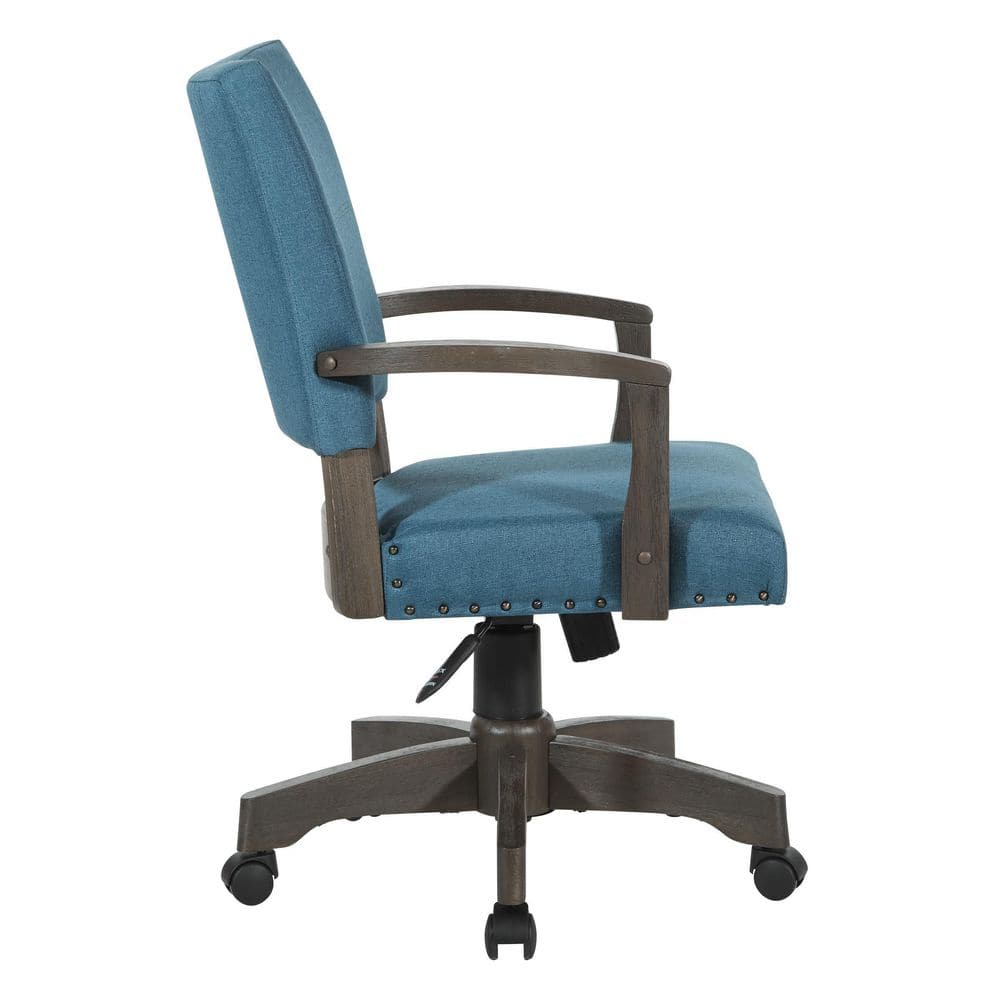 Deluxe Blue Fabric Banker's Swivel Chair with Wood Accents