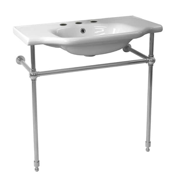 Nameeks Yeni Klasik Ceramic Console Bathroom Sink in White with 3 Faucet Holes and Chrome Stand