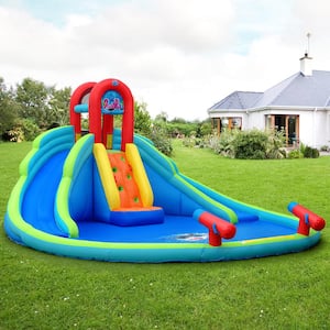 Blue Inflatable Bounce House Blue Water Park with Splash Pool Dual Slides Climbing Wall
