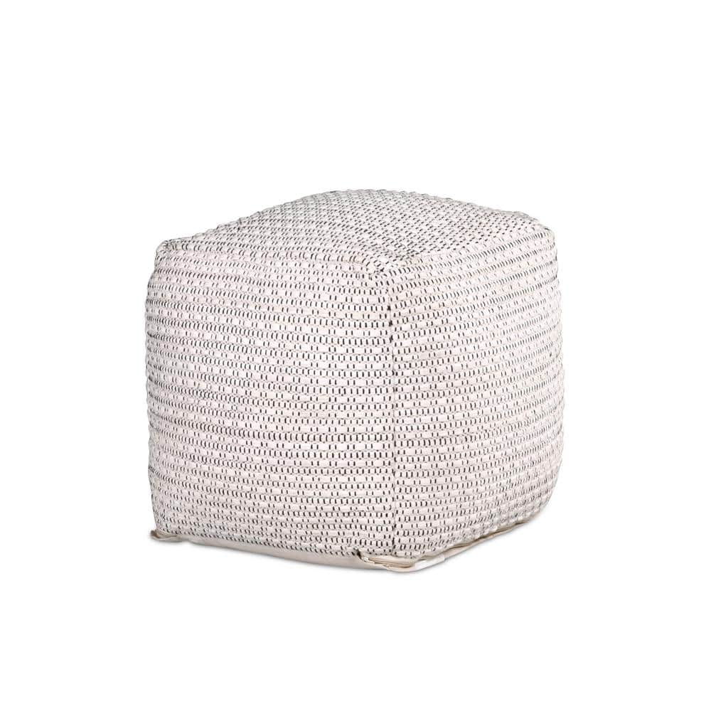 Ivory Handwoven Wool-Cotton 18'' Square Pouf Ottoman