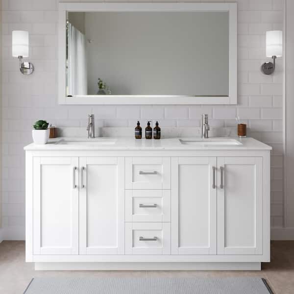 Wyndham Collection Miranda 66 in. W x 22 in. D x 33.75 in. H Double Sink Bath Vanity in White with Carrara Cultured Marble Top and Mirror