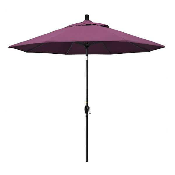 California Umbrella 9 ft. Stone Black Aluminum Push Button Tilt Crank Lift Market Patio Umbrella in Iris Sunbrella