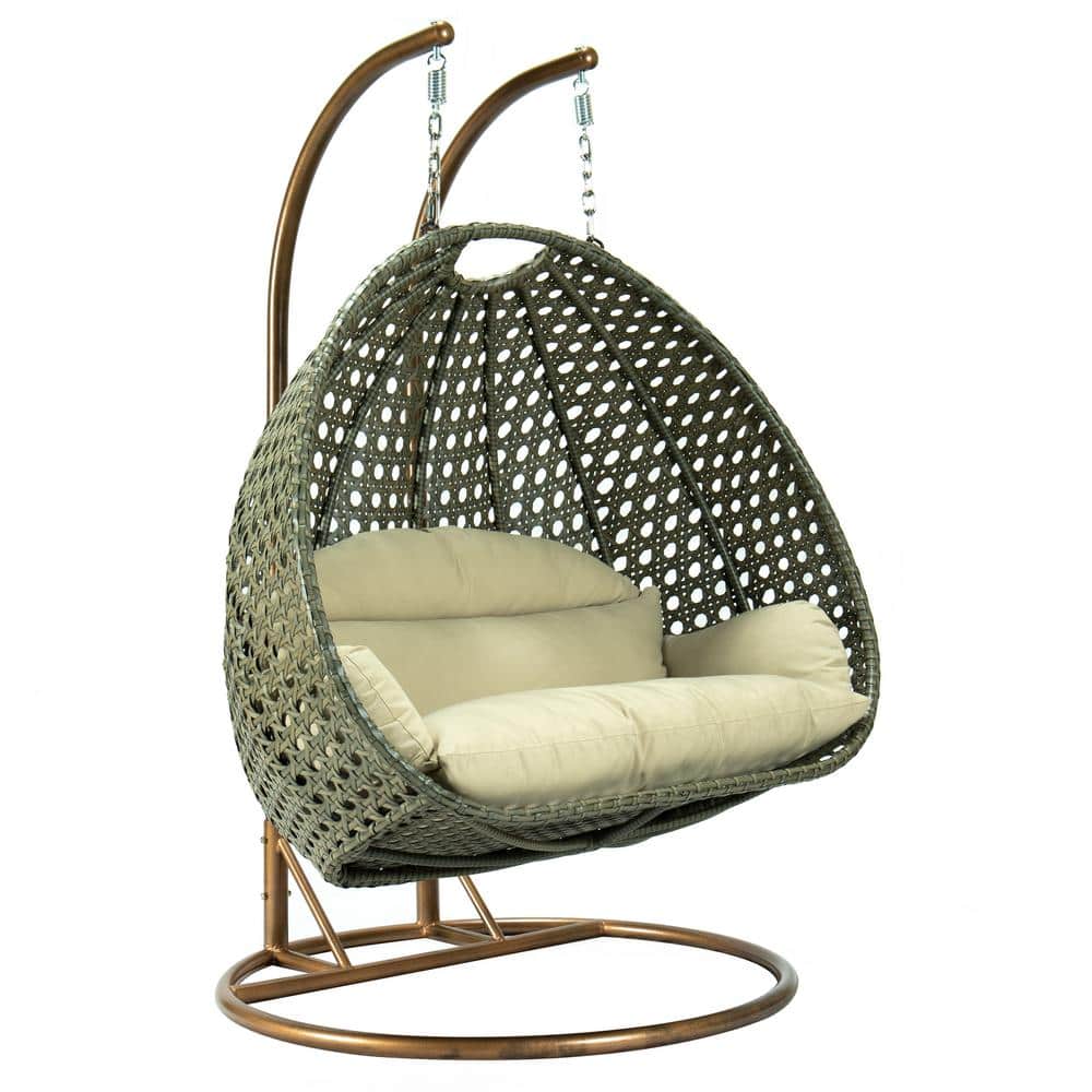 Taupe Wicker Hanging Egg Chair with Beige Cushions
