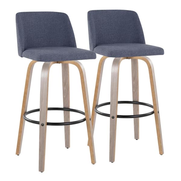 Lumisource Toriano 29.5 in. Blue Fabric, Light Grey Wood and Black Metal Fixed-Height Bar Stool (Set of 2)