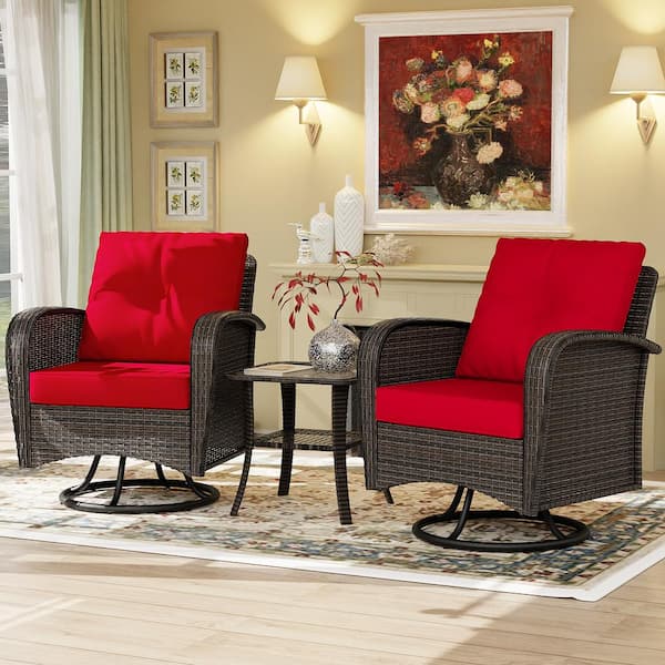 3-Piece Wicker Swivel Outdoor Rocking Chair Set with Red Cushions
