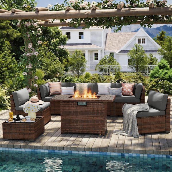 ELPOSUN 8-Piece Brown Rattan Patio Conversation Set with Gray Cushions, Propane Fire Pit and Cover HDNBCS093GRFS-7ZH