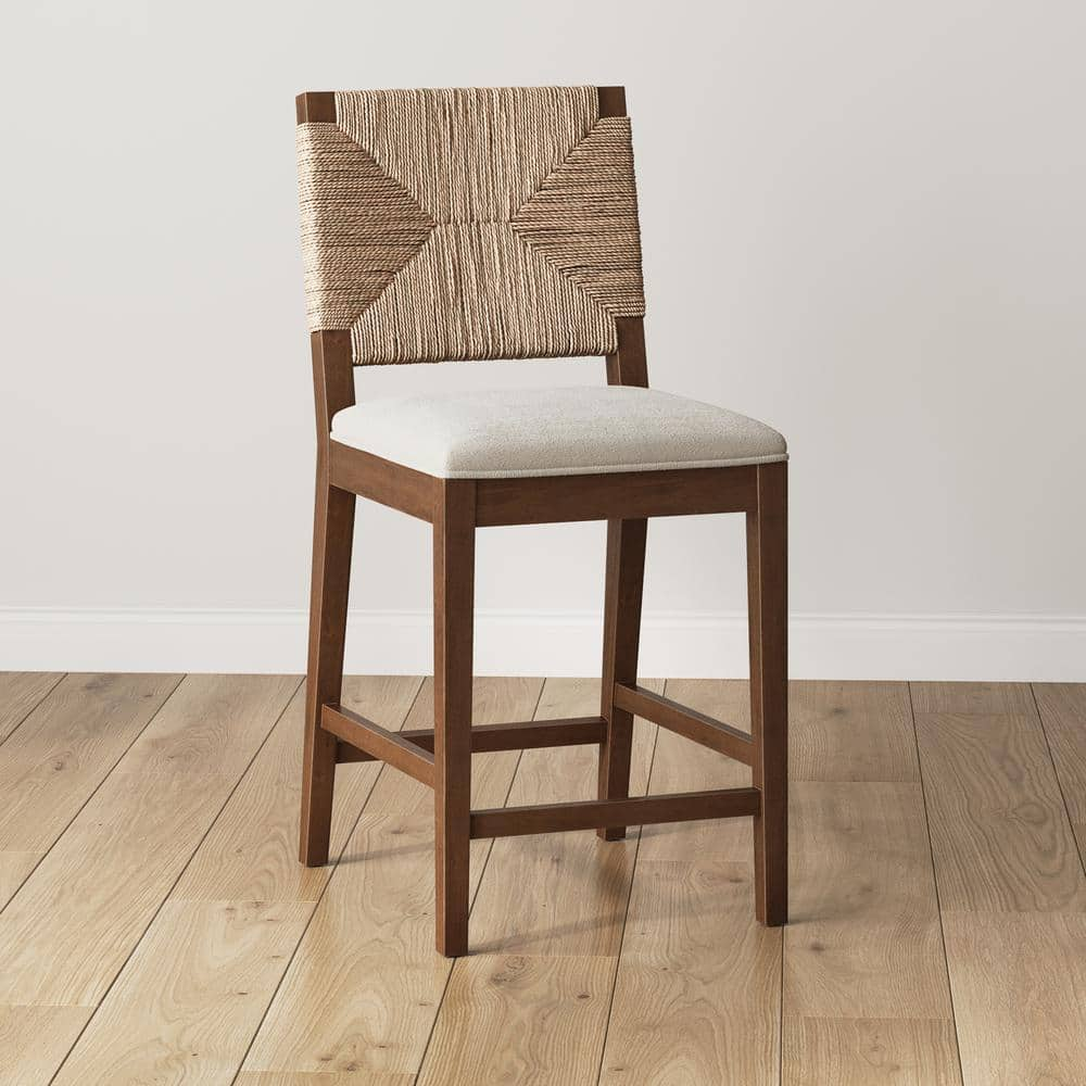 Beacon 24 in. Bohemian Dark Brown Wood Counter Height Bar Stool with Woven Back and Boucle Upholstered Seat