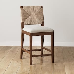 Beacon 24 in. Bohemian Dark Brown Wood Counter Height Bar Stool with Woven Back and Boucle Upholstered Seat