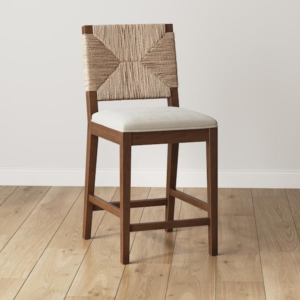 Beacon 24 in. Bohemian Dark Brown Wood Counter Height Bar Stool with Woven Back and Boucle Upholstered Seat