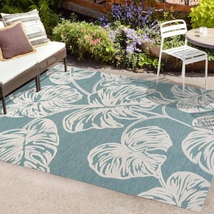 Tobago Approximate Rug Size Blue/Ivory 4 ft. x 6 ft. High-Low 2-Tone Monstera Leaf Indoor/Outdoor Area Rug