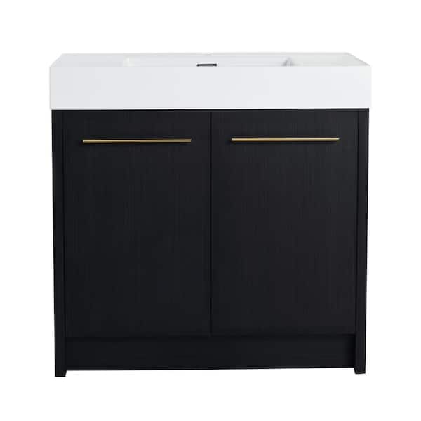35.4 in. Freestanding Bath Vanity with White Resin Top and Soft Close Doors in Black