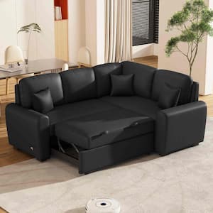 87.4 in. Square Arm Linen L -Shaped Sofa with USB Charging Port and Plug Outlet in Black