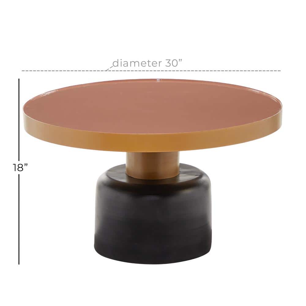 Elegant Gold and Black Round Metal Coffee Table with Enamel Inlay