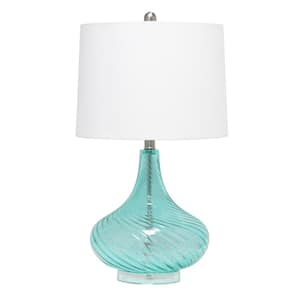 24 in. Blue Classix Contemporary Wavy Colored Glass Table Lamp with White Linen Shade