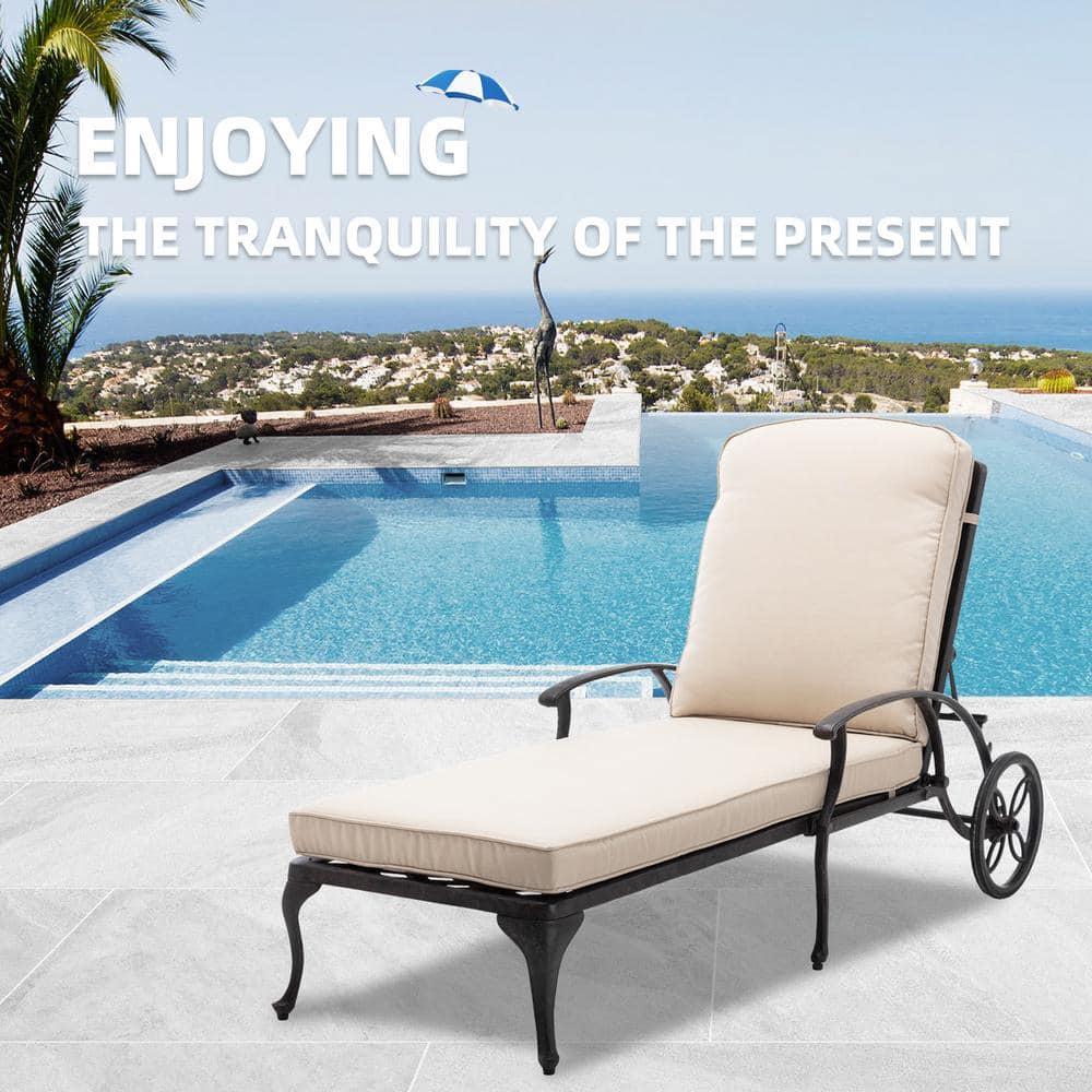Beige Cushioned Cast Aluminum Chaise Lounge with Arms