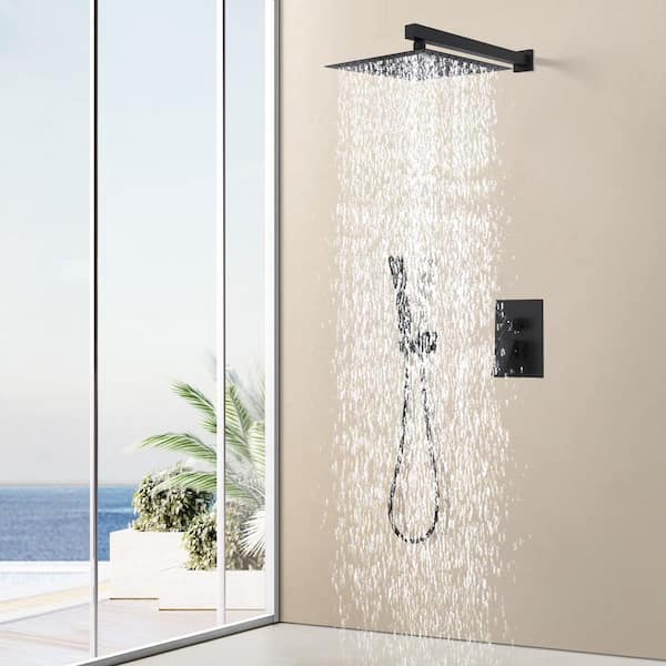 Satico 1-Spray Square 10 in. Shower System Shower Head with Handheld in Matte Black
