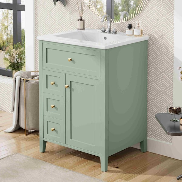 24 in. Freestanding Green Bath Vanity with White Ceramic Top, 3-Drawers and Adjustable Shelves