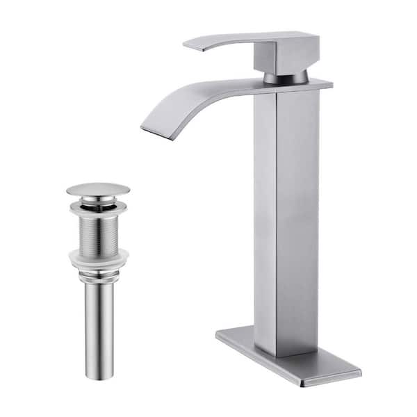 Waterfall Single Hole Single Handle Bathroom Vessel Sink Faucet with Pop-Up Drain Assembly in Brushed Nickel