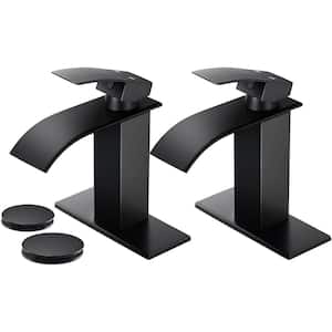 Single Handle Waterfall Spout Single Hole Bathroom Faucet 2 with Deckplate Included and Drain in Matte Black