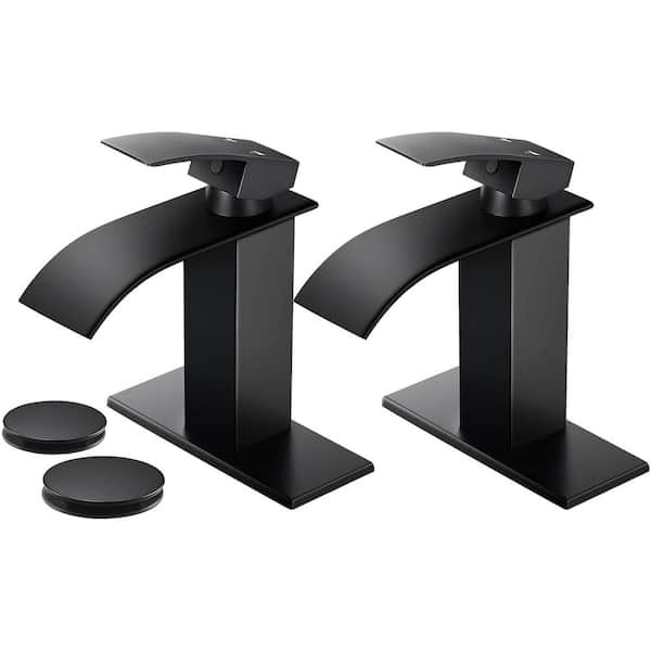 AKLFGN Single Handle Waterfall Spout Single Hole Bathroom Faucet 2 with Deckplate Included and Drain in Matte Black