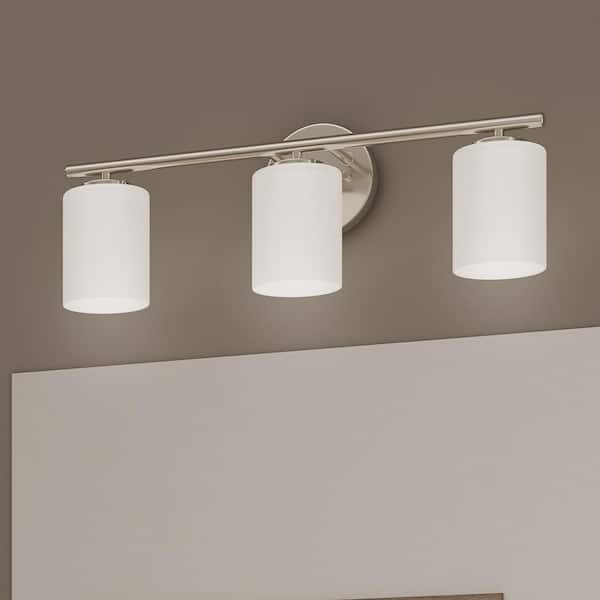 Replay Collection 22 in. 3-Light Brushed Nickel Etched White Glass Modern Bathroom Vanity Light