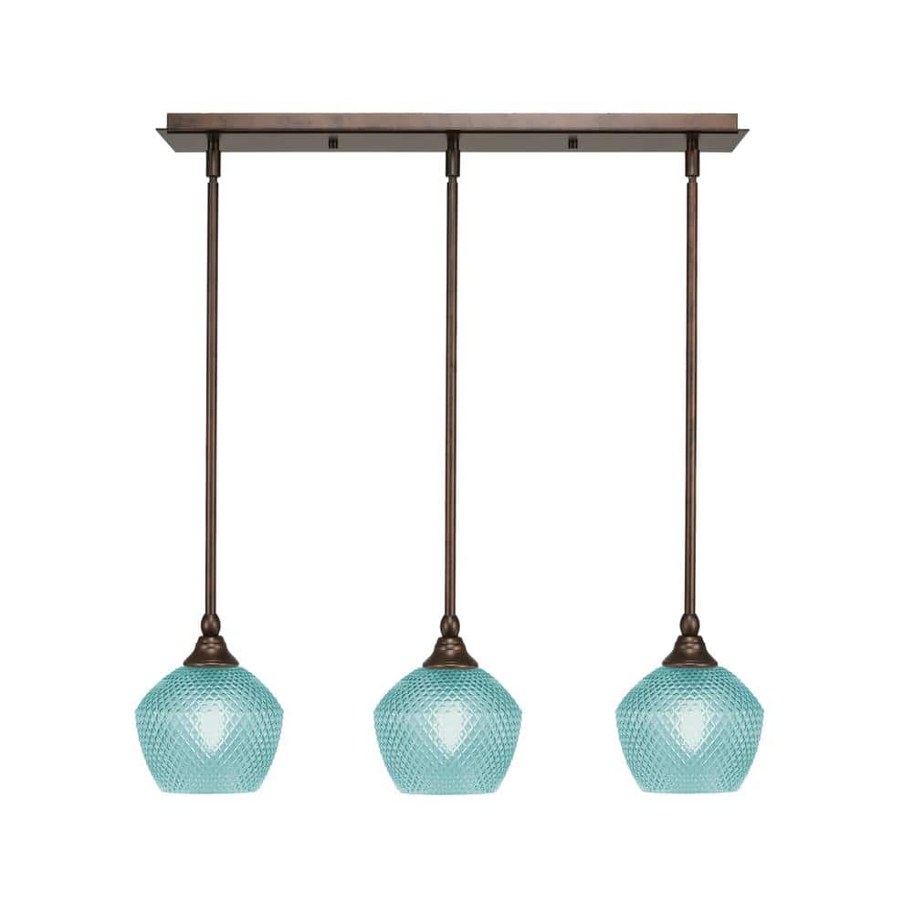 Livingston 100-Watt 3-Light Bronze Shaded Pendant Light with 6 in. Turquois