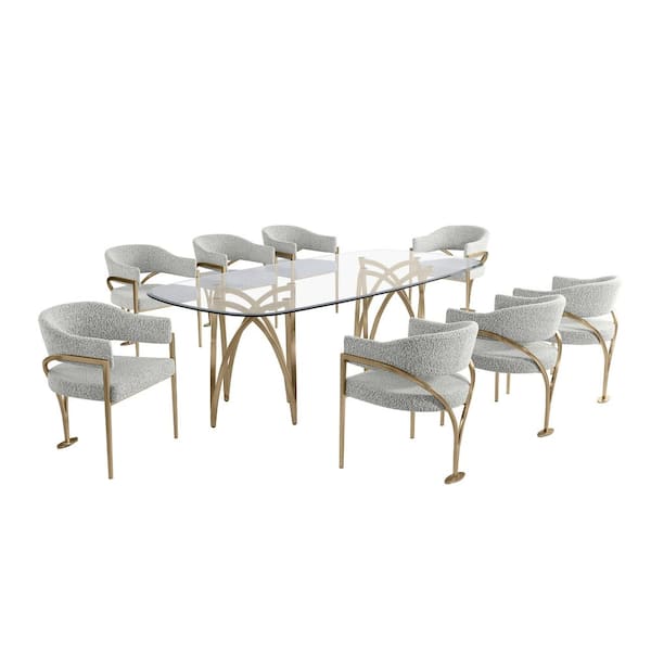 Best Quality Furniture Doug 9-Piece Clear Tempered Glass Top Gold Chrome Plated Base Dining Set with 8 Rich Grey Color Chairs