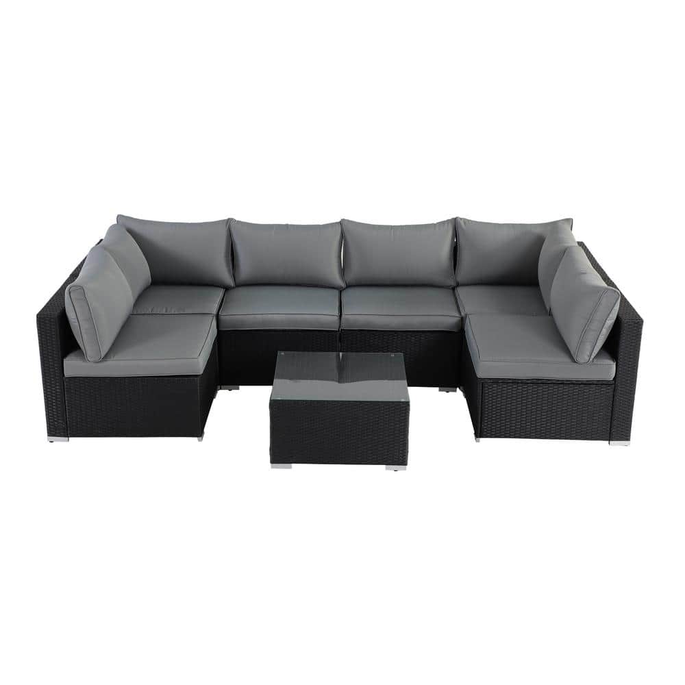 Black 7-Piece Wicker Outdoor Sectional Set Patio Woven Rattan Sofa Set with
