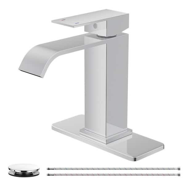 Waterfall Single Hole Single-Handle Low-Arc Bathroom Faucet With Pop-up Drain Assembly in Polished Chrome