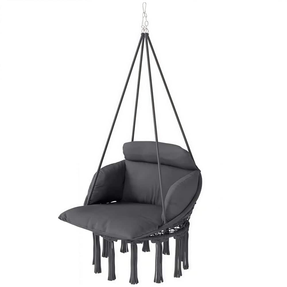 Dark Gray Boho Hanging Hammock Chair with Tassel Fringe, Soft Poly-Cotton Cushion, Heavy Duty Steel Frame Indoor/Outdoor price history on PriceWatchPro