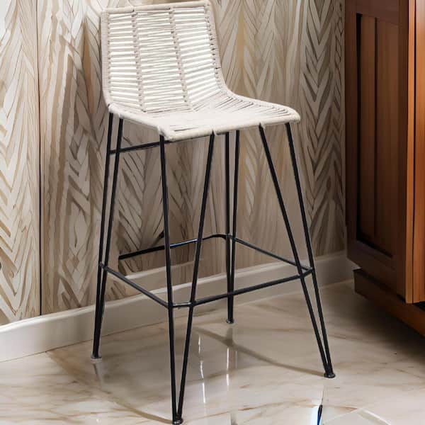 Benjara 35 in. White and Black Low Back Metal Frame Bar Stool with Cotton Rope Seat (Set of 2)