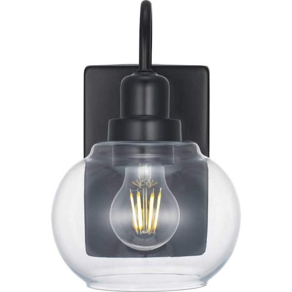 Halyn 1-Light Matte Black Coastal Indoor Wall Sconce with Clear Glass Shade for Bath and Dining