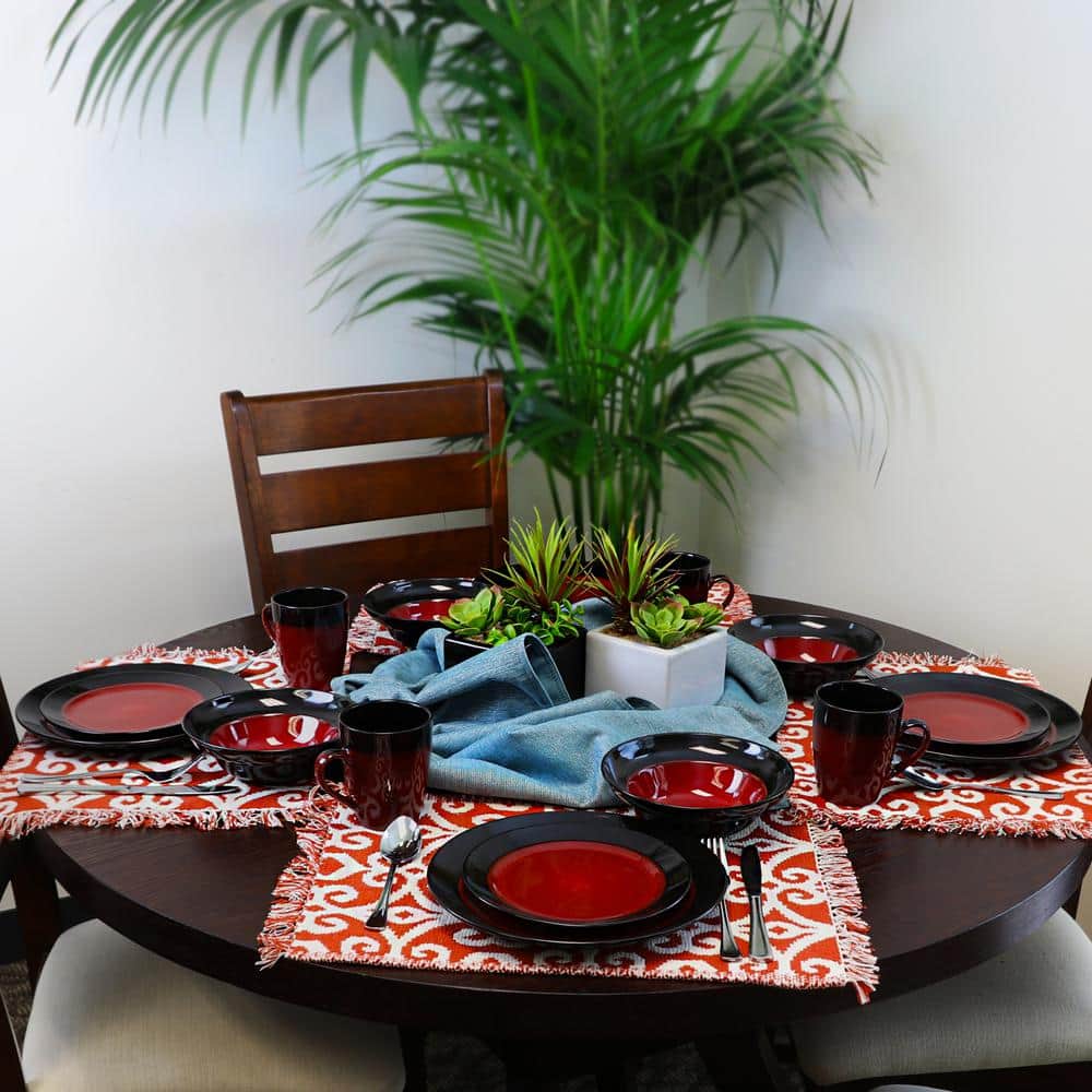 Elama Red and Black Ceramic 16-Piece Dinnerware Set