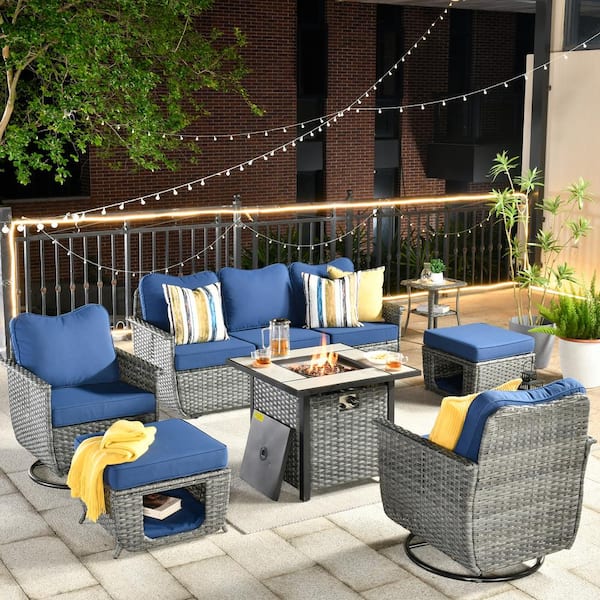HOOOWOOO Sierra Black 7-Piece Wicker Multi-Use Fire Pit Patio Conversation Sofa Set with Swivel Chairs and Navy Blue Cushions