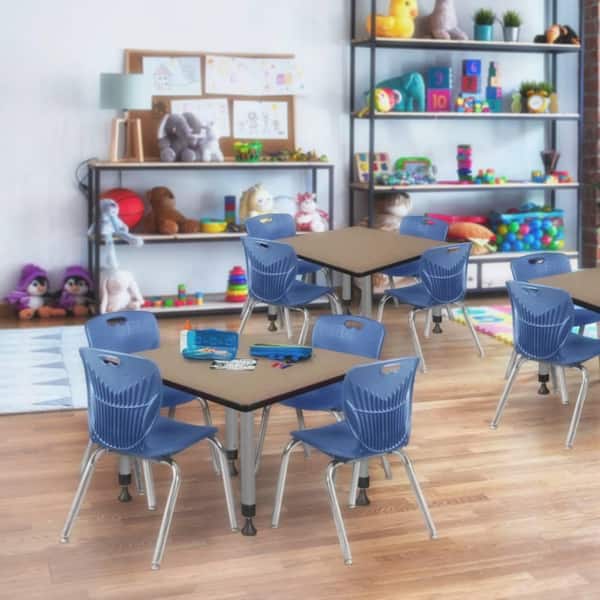 Kee 42 in. Square Noble Oak Adjustable Classroom Table Desk with Grey Base and 4 Andy 12 in. Blue Stack Chairs